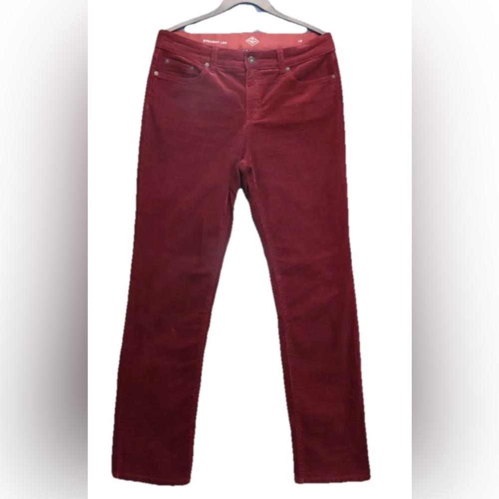 St John's Bay Womens Straight Fit Corduroy Pants Burgundy Sz 10 Midrise Bohochic
